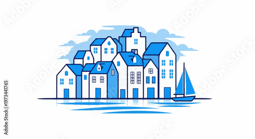 A charming row of blue and white houses reflected in water with a sailboat