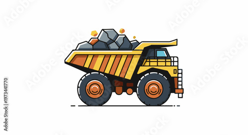 Cartoon dump truck hauling rocks, side view, yellow and orange with large wheels