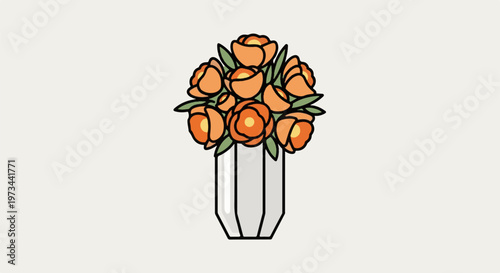 A minimalist vector illustration depicts a bouquet of bright orange flowers with green leaves in a white geometric vase
