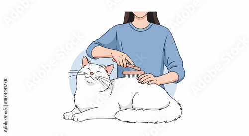 A person gently brushes a contented white cat, grooming its fluffy fur