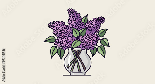 A bunch of purple lilac flowers with green leaves sits in a clear glass vase on a beige background