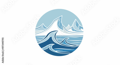 Stylized icy mountains rise above rolling ocean waves within a circular frame