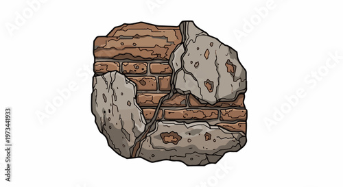 Cracked, weathered brick wall section with crumbling stucco and rough texture