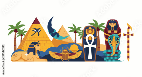 Egyptian-themed illustration featuring pyramids, Sphinx, scarab, ankh, pharaoh, cobra, and ankh