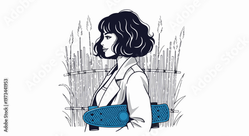 Woman with bob haircut holds blue skateboard in front of bamboo fence and reeds
