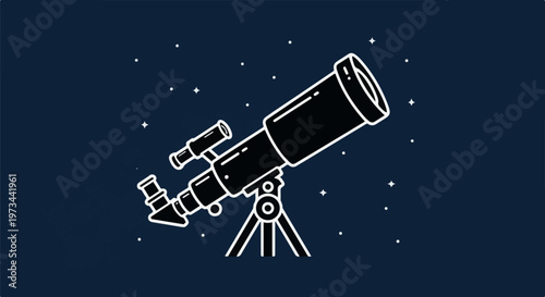 Simple outline illustration of a telescope pointed towards the starry night sky