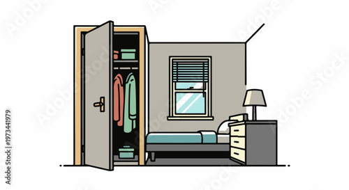 A simple, flat-design illustration of a bedroom with an open wardrobe, bed, and nightstand