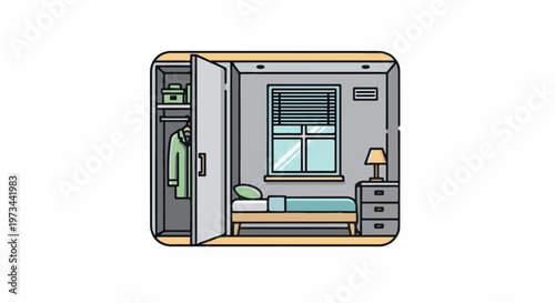 Simple interior scene with a bed, open closet, and a window