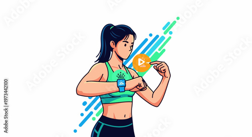 Athletic woman interacts with smartwatch displaying fitness data and a play button icon