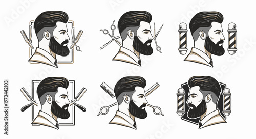 Six stylized barber icons featuring bearded men, straight razors, scissors, and barber poles