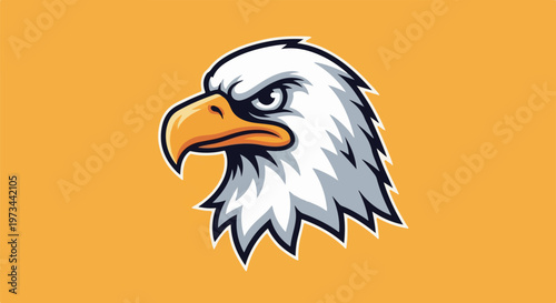 A stylized eagle head with sharp features and a piercing gaze on a solid orange background