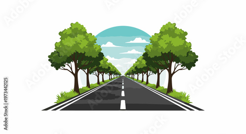 Scenic highway lined with trees leading towards a horizon under a cloudy sky