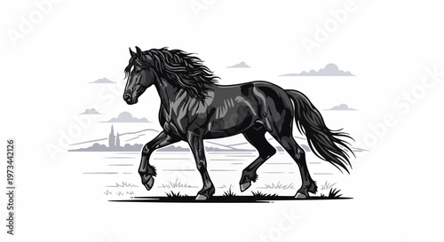 Majestic black horse with flowing mane and tail gallops across a serene landscape