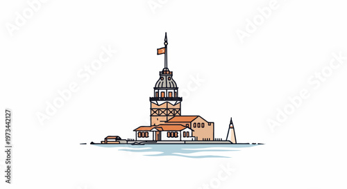Iconic tower on water with flag