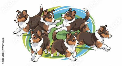 Six playful brown and white dogs are depicted running and jumping in a playful cluster
