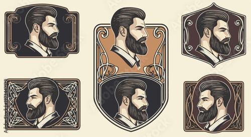 Five stylish vintage portrait frames with distinguished bearded men