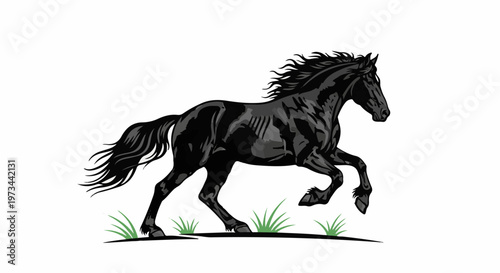 A majestic black horse gallops across a field of green grass