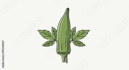 Minimalist illustration of a green okra pod with two leaves on a white background