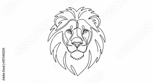 A stark, minimalist line art depicts a lion's head with a flowing mane against a white background
