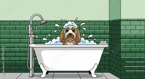 A brown and white dog with a soapy head sits in a bathtub, surrounded by bubbles, ready for a bath