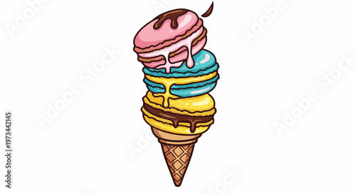 A whimsical tower of three colorful macarons stacked atop a waffle cone, drizzled with sweet syrups