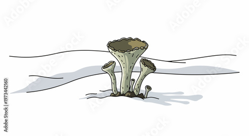 A whimsical illustration of trumpet-shaped fungi growing in a sparse, abstract landscape