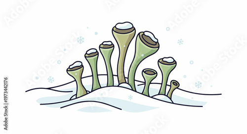 Stylized green tubular plants with snow-capped tops amidst falling snowflakes and snowdrifts