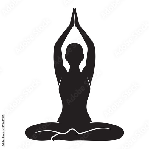Woman silhouette in a yoga pose isolated on white background, black and white vector illustration of yoga meditation.