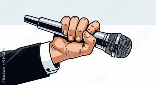 A hand in a suit jacket holds a dynamic microphone