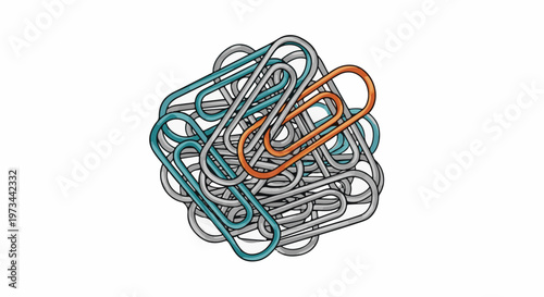 A tangled cluster of metallic paper clips, one orange amongst many grey and teal ones