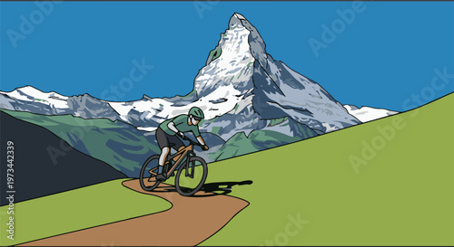 Mountain biker riding on a dirt path with a majestic, snow-capped peak in the background