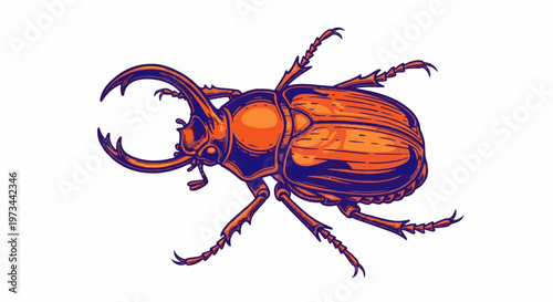 Stylized illustration of a rhinoceros beetle with orange and blue tones, detailed chitinous exoskeleton