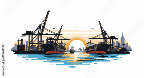 Two cargo ships and towering cranes at a busy port, with a city skyline and a sunburst backdrop