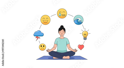 Serene person meditating peacefully, surrounded by diverse emotional symbols like joy, sadness, anger, waves, and a bright idea bulb, representing emotional regulation and mental