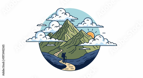 A person with a backpack hikes on a mountain path under a partly cloudy sky