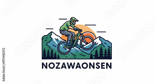 A mountain biker rides downhill past snowy peaks and pine trees with a setting sun