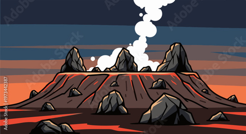 Stylized cartoon eruption of a volcano with lava flows and smoke under a dark sky