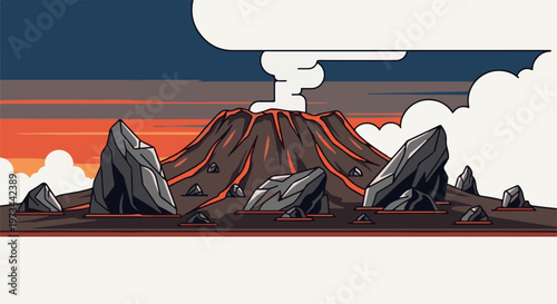 Pixelated volcano erupts with lava flows under a dramatic sunset sky