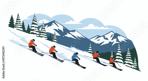 Skiers descend a snow-covered mountain slope with pine trees and majestic peaks in the background under a cloudy sky