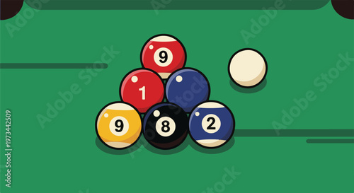 A stylized billiard table with balls arranged in a rack and one cue ball
