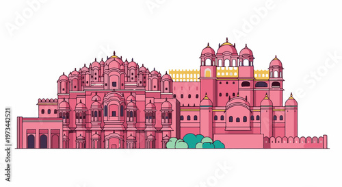 Pink palace with intricate architecture and domes, featuring arched windows and ornate details, set against a white background