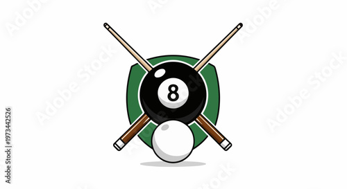 A stylized crest with two crossed pool cues behind an 8 ball and cue ball