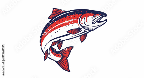 Retro-style leaping fish graphic with distressed texture in red, white, and blue