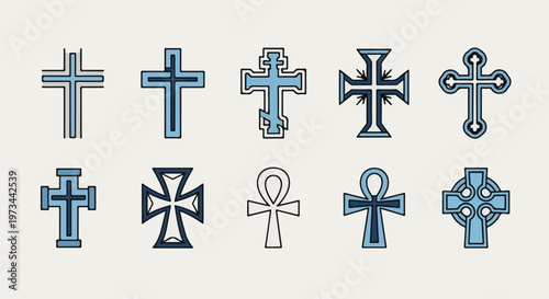 A collection of diverse cross and ankh symbols in various blue and black outlines