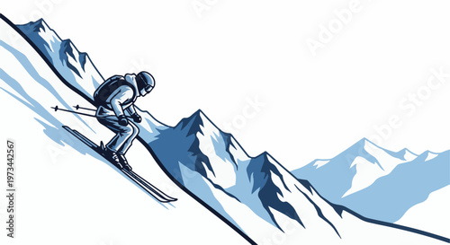 A lone skier descends a snowy mountain slope, poles in hand, with snow-capped peaks in background