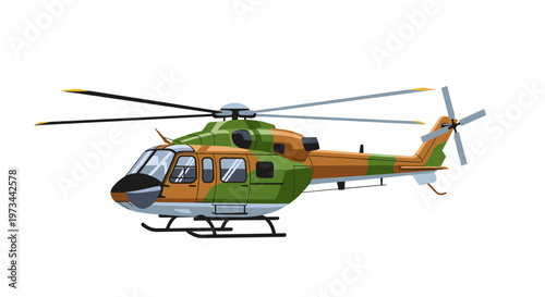 Camouflaged utility helicopter with rotor blades and skids, depicted in a clean vector style featuring a palette of green, orange, and gray, perfect for aviation, military, or
