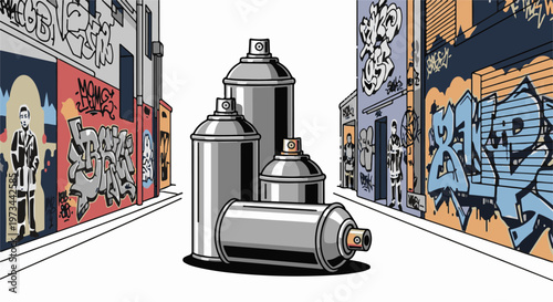 Urban alley with spray paint cans and graffiti-covered walls