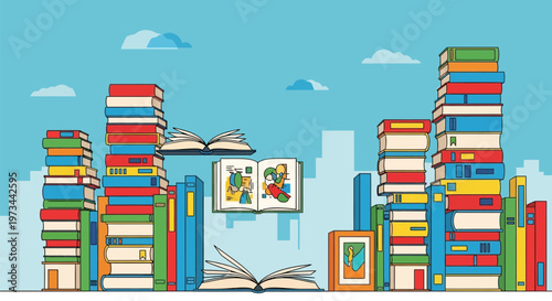 Stacks of colorful books forming a vibrant literary landscape.