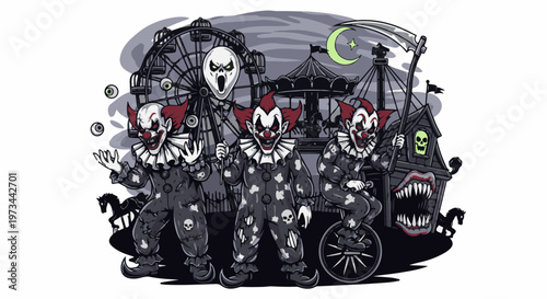 Three creepy clowns and haunted carnival attractions, including a Ferris wheel and a menacing house