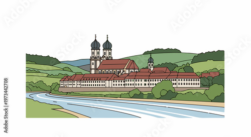 Large monastery complex with twin domes and a smaller spire, nestled beside a winding river and green hills